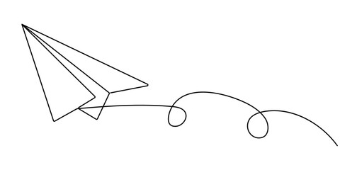 Paper Air Plane Single Line Icon, Paper Plane Continuous Line Icon, paper plane hand drawn single one line art style vector isolated on white background, Paper plane continuous one line drawing.