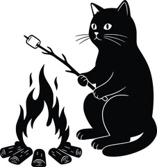 Silhouette of cat roasting marshmallow by campfire in cozy outdoor scene
