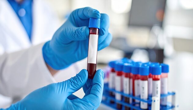 Doctor holding blood sample vial with blank label in gloved hands alongside rack of vials in a medical lab close up shot
