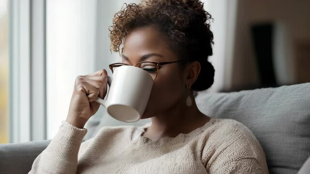 A cheerful woman enjoys a warm beverage while relaxing at home, showcasing comfort and contentment in a cozy environment.
