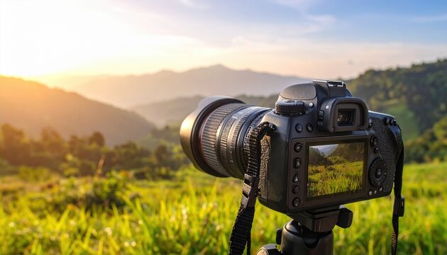 Black digital camera on tripod capturing green landscape with mountain range background under a vibrant and colorful sky - Powered by Adobe