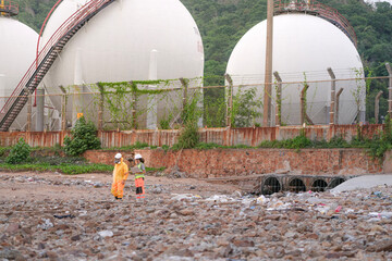 Two environmental specialists in safety gear conduct a field investigation at a polluted coastal...