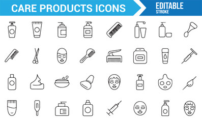 Set of care product icons featuring beauty and skincare essentials like lotions and creams.