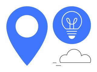 Location pin, light bulb symbolizing ideas, and a cloud with motion lines in a minimal, flat design. Ideal for innovation, creativity, navigation, technology, brainstorming digital strategy simple