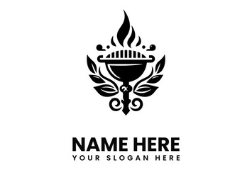 Stylized image of a torch with flames, a grill, and leaves, presented as a logo design.