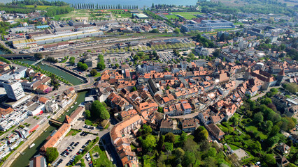 An Panoramic aerial of the old town of the city Yverdon-les-Bains in Switzerland on a sunny day in summer	
