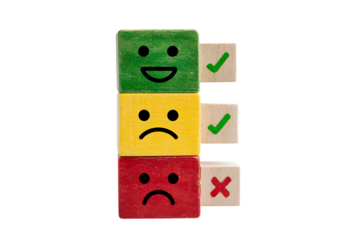 Feedback rating,  happy, neutral, unhappy faces with checkmarks and an X.