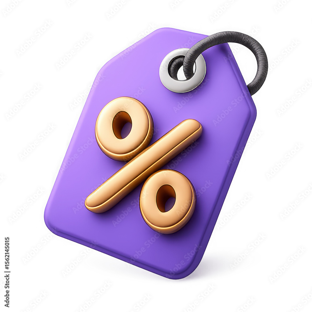 Aufkleber 3d rendered purple tag with golden percentage symbol and rope loop isolated on transparent backgroun