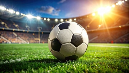 Close up of a black and white soccer ball on green grass in a stadium under bright stadium lights with many spectators