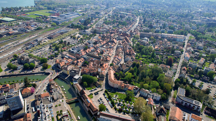 An Panoramic aerial of the old town of the city Yverdon-les-Bains in Switzerland on a sunny day in summer	
