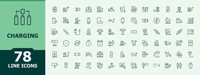 Charging related icon set. Minimal icons collection. Editable vector illustration. Energy icon set. Contains related to charger, station, electrical, electricity, charge, energy and more.