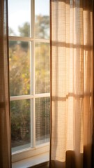 Fototapeta premium Warm light filters through sheer curtains and window panes interior image
