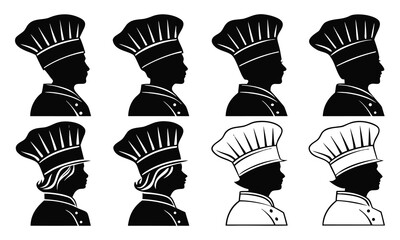 Chef Hat and Silhouette Icon Set in Bold Black and White Minimalist Style
