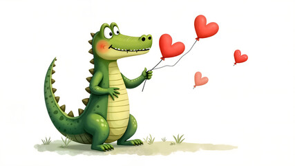 Cute watercolor illustration, Valentine's day card, Birthday, declaration of love. Crocodile gives a heart
