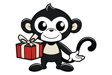 Cartoon monkey gladly gives a red gift box tied with white ribbon to someone today
