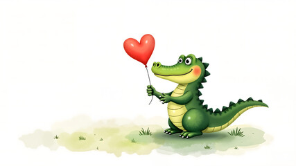 Fototapeta premium Cute watercolor illustration, Valentine's day card, Birthday, declaration of love. Crocodile gives a heart 
