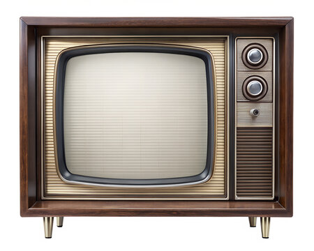 A vintage television set with a wooden cabinet isolated on transparent background