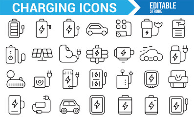 Charging icons depicting batteries, solar panels, and electric vehicle chargers for digital use.