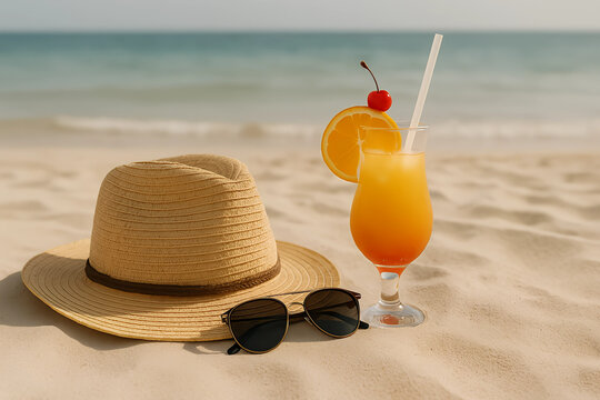 Strohhut, Sonnenbrille und exotischer Cocktail mit Orange und Kirsche im Sand am tropischen Strand &ndash; entspannter Sommermoment mit Blick aufs Meer