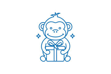 Charming blue monkey holds a gift with stars around it on white background