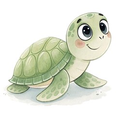 A gentle baby river turtle illustrated in watercolor, with a soft green shell and big round eyes. It’s resting calmly with a little smile, placed on a pure white background with soft shadows. No text 