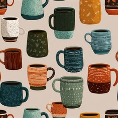 Cozy Hand-Drawn Ceramic Mugs in Earthy Warm Tones