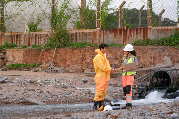 Environmental field team in protective gear analyzes water samples on a polluted beach. One holds a...