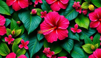 Obraz premium Vibrant hibiscus and lush tropical leaves in a repeating pattern, botanical, vector