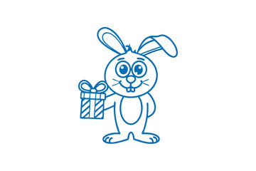 Blue line drawing shows happy rabbit presenting a gift box with joy