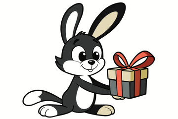Cartoon black bunny joyfully presents a gift box tied with a red ribbon