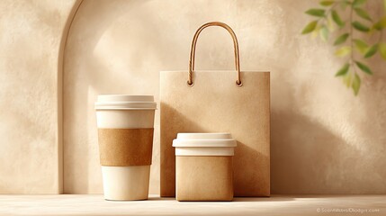 stylized kraft paper fast food packaging photo, captured with cinematic light and shadows, cup, box, and bag arranged with strong visual hierarchy
