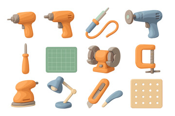 Colorful collection of cartoon hand tools on wooden background