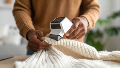 Fototapeta premium Man Using Device To Repair Knitted Sweater