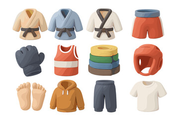 Colorful martial arts gear collection with belts and clothing