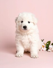 Retrato de Cachorro Esponjoso en Fondo Rosa, Generated image