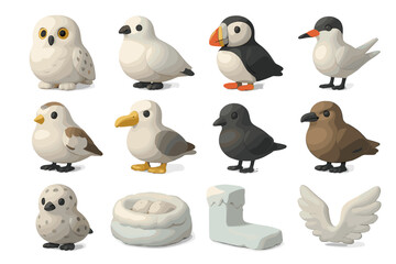 Fototapeta premium Collection of cute clay bird models and accessories