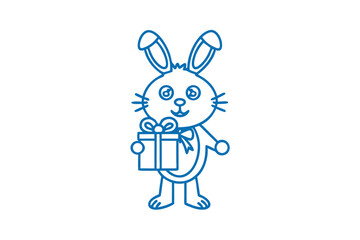 Blue line art depicts a cute bunny holding a beautifully wrapped gift box