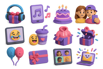 Colorful 3d birthday icons with cake, gifts, and celebration elements