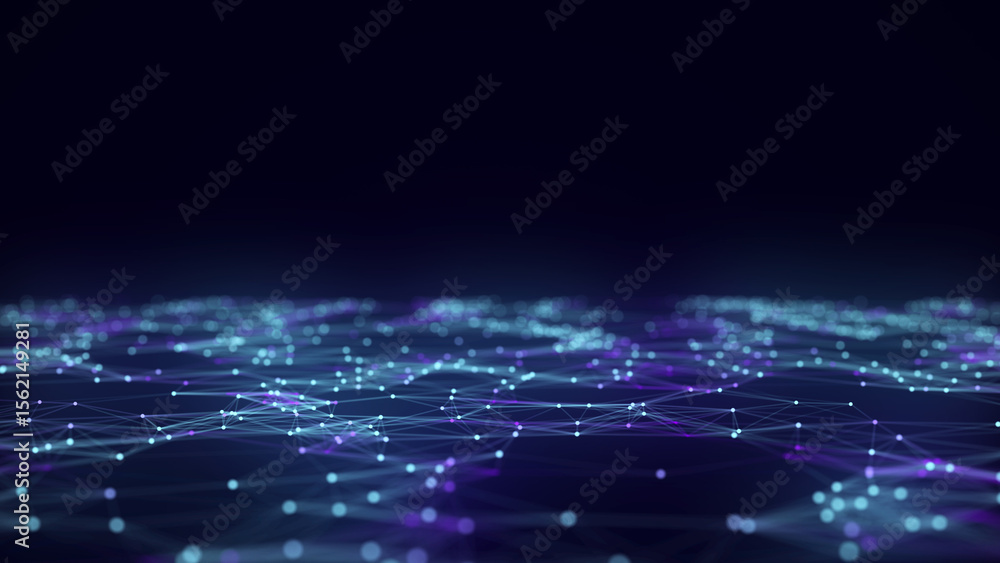 Poster dynamic blue wave of particles and lines. abstract futuristic background. big data visualization. 3d