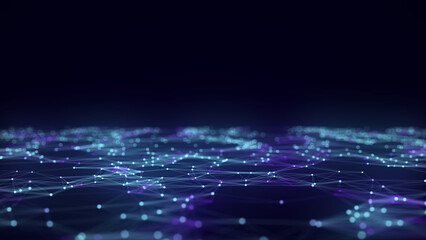 Dynamic blue wave of particles and lines. Abstract futuristic background. Big data visualization. 3D rendering.