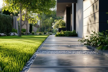 Landscaped pathway to a modern home with lush green lawn, plants, and minimalist exterior design. Serene and inviting outdoor space.