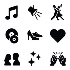 First Dance Icons. Solid, filled icons set of first dance: music note, spotlight, dance pose, vinyl record,