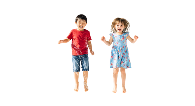 Two people jumping over a sprinkler