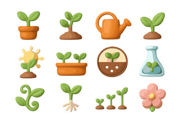 Cartoon plants and gardening tools in bright colors
