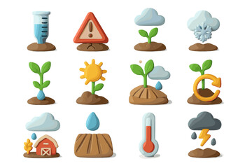 Weather and agriculture icons with plants and climate elements