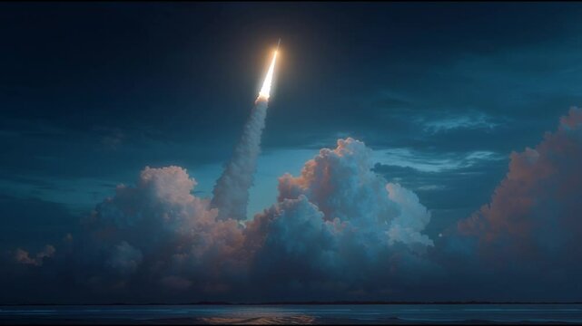 Rocket launch video showing fiery rocket ascending through dramatic clouds at dusk with reflections on calm water surface and vibrant evening sky hues.