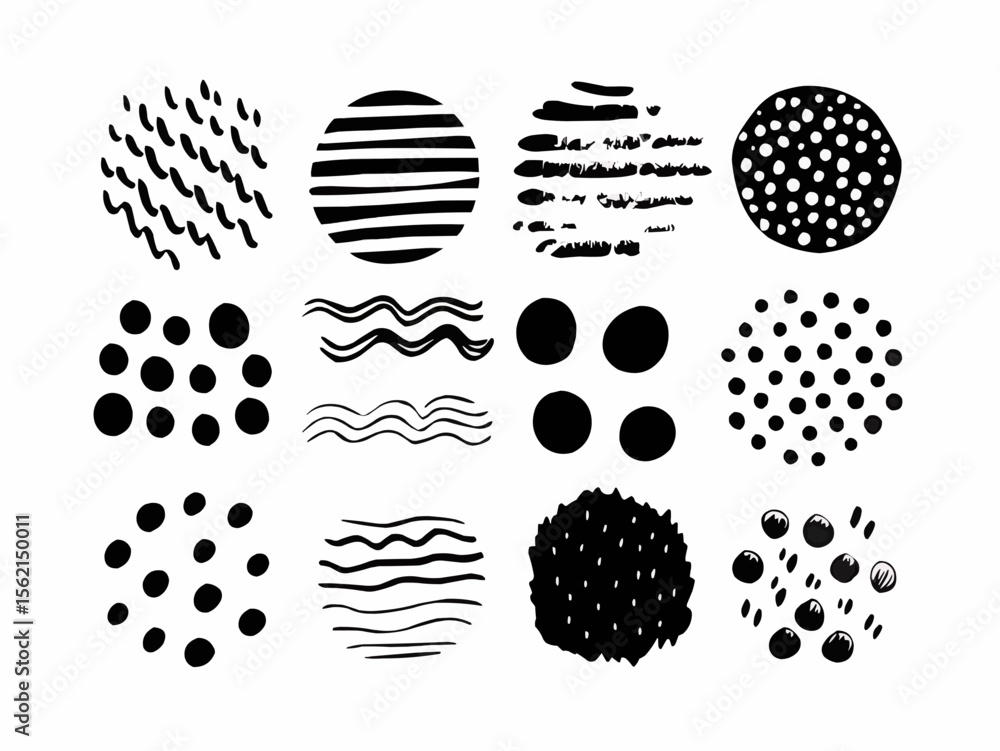 Aufkleber collection of twelve hand drawn black and white circles with different patterns and textures inside 