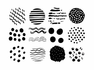 Collection of twelve hand drawn black and white circles with different patterns and textures inside them