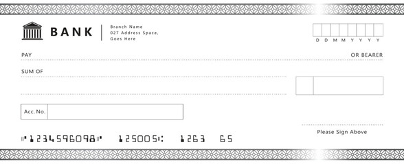 Blank bank check, checkbook cheque template with blue guilloche, vector mockup. Money payment bank check voucher or pay cash cheque certificate, account bill paycheck	