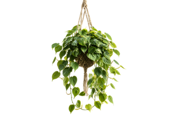 Vibrant green plant in a macrame hanging planter against a black background.
